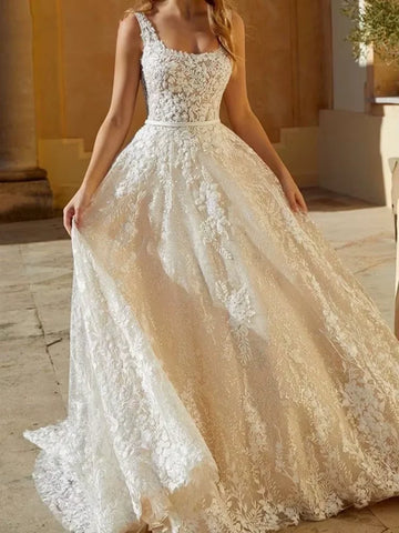 Customized Lace Appliques Wedding Dresses A-line Zipper Back Bridal Gown Romantic Bride Dresses Vestidos De Novia