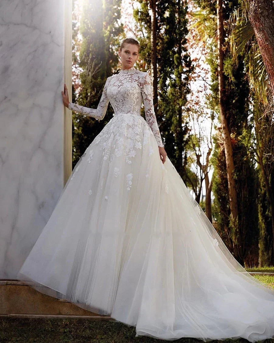 Gorgeous A-Line Wedding Dresses High-Neck Long Sleeves Lace Appliques Bridal Gowns 2024 Tulle Tiered Robes Vestidos De Novia