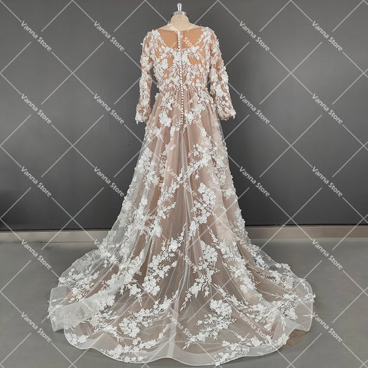 Luxury 3D Lace Flowers Wedding Dress Real Photos Buttons Three Quarter Sleeves Illusion V Neck Customized Beading Bridal Gown