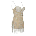 Diamond fringe tassel rhinestone beading V-neck strap sexy mini split ultra-short party dress back view