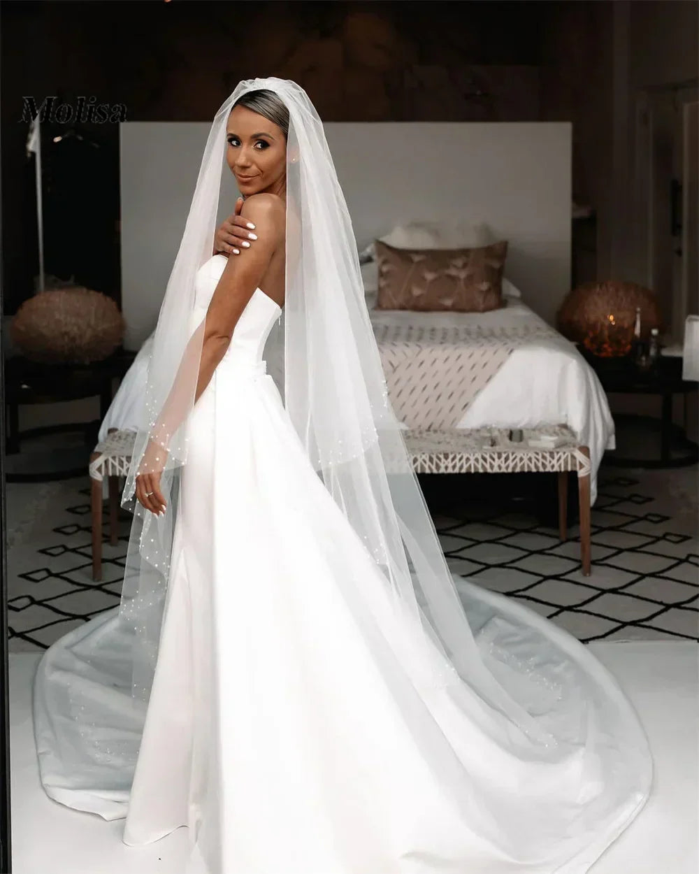Sweetheart strapless satin sleeveless floor length country bridal gown side view