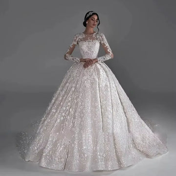 Customized Luxury Lace Appliques Wedding Dresses O-Neck Long Sleeve Ball Gown Vestidos De Novia Gorgeous Robe Mariée Dress