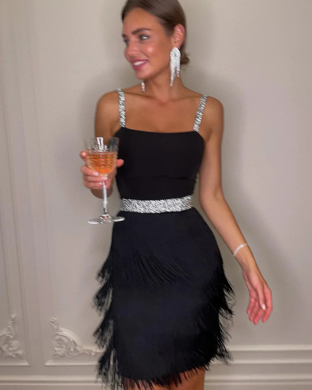 Mini tassel bandage sexy spaghetti strap sleeveless summer women club celebrity evening party dress side view
