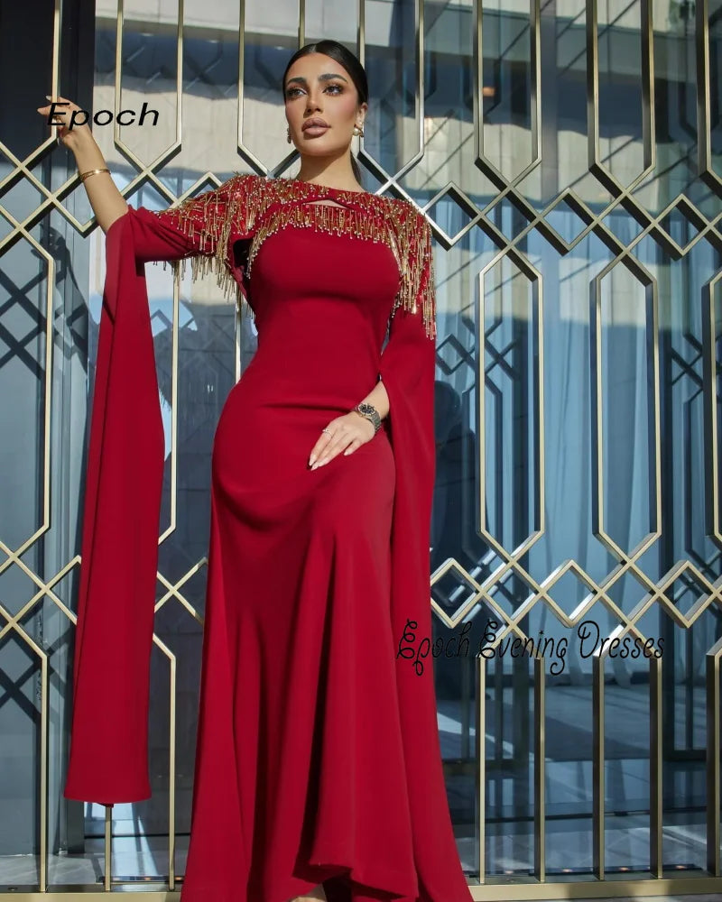 Luxury Evening Dress For Sexy Women فساتين السهرة Elegant Tassel Strapless A-Line Floor-Length Red Cocktail Party Prom Gown
