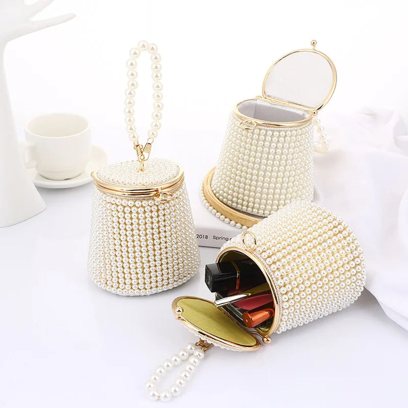 Luxury Pearls Bucket Evening Bag Women Chic Beading Wedding Bridal Clutch Purse Ladies Handmade Small Handbags Dinner Party