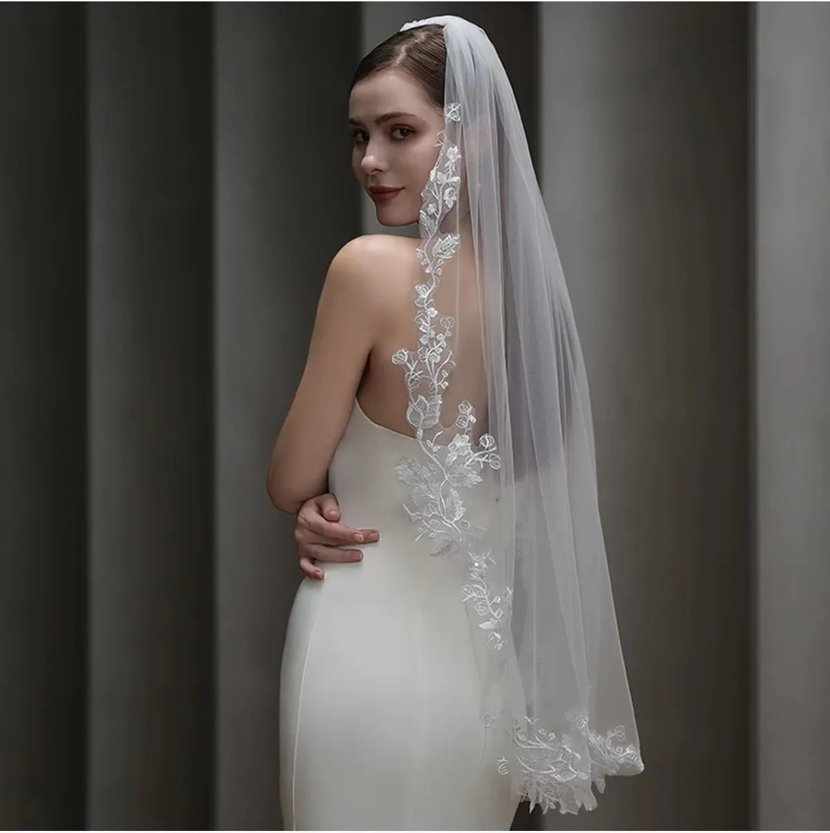 White Bridal Veil Leaf Lace Wedding Veils For - styling detail
