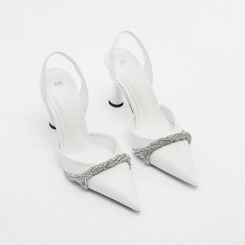 Women High Heels Pumps White Shiny Heel Heel Shoes Mules Pointed Stiletto Heel Sexy Woman Shoes Summer Female Sandals