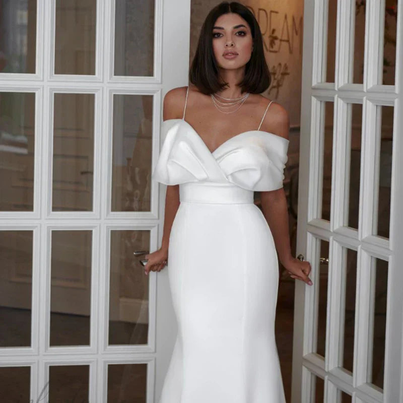White Mermaid Wedding Dresses Elegant Off The Shoulder Satin Evening Dress For Women Custom Made To Measures Robe De Marie