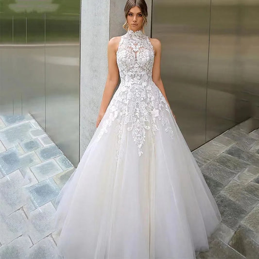 Customized High Neck Vestidos De Novia Appliques Vestido De Noiva Sleeveless Lace Wedding Dresses Lace Robe De Mariée