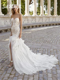 Lace strapless mermaid front slit sweetheart backless corset button bridal gown back view