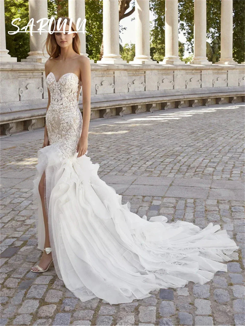Lace strapless mermaid front slit sweetheart backless corset button bridal gown back view