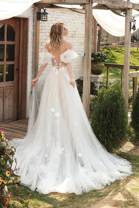 Boho Off The Shoulder Vestidos De Novia V-neck 3d Flower A Line Side Slit Wedding Dresses Customized Appliques Vestido De Noiva