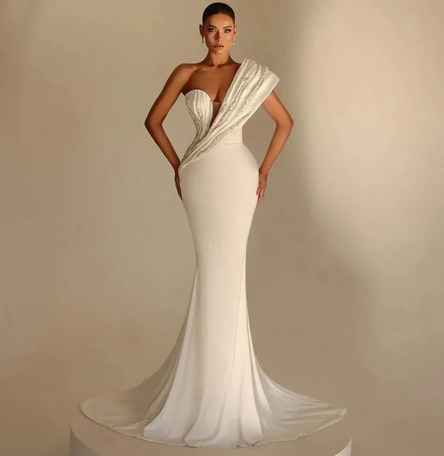 Elegant mermaid wedding dress one shoulder pleats beads bridal gown church bride