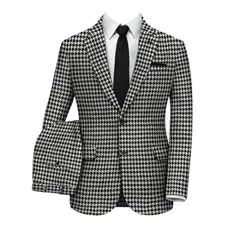 Single breasted houndstooth plaid slim 2 piece black white men wedding business suit back view
