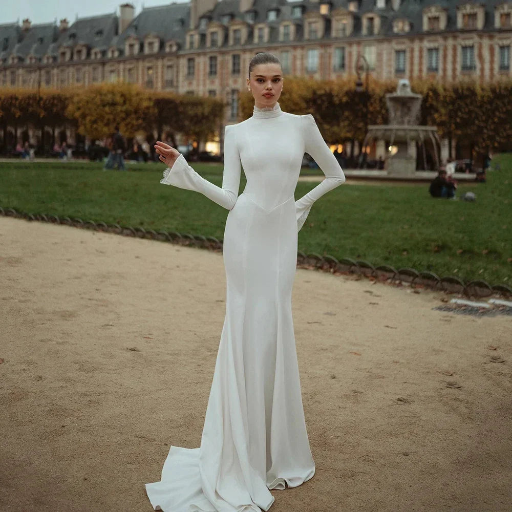 Modest 2026 mermaid high neck long sleeves lace floor length simple wedding dress bridal gown side view