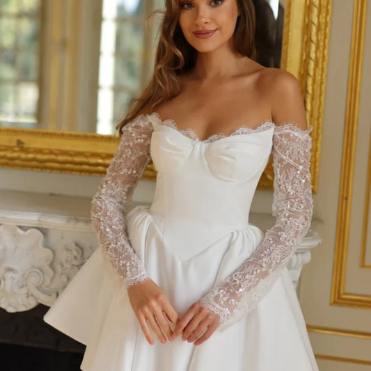 Amanda Customized White Lace Long Sleeves Strapless فساتين حفلة موسيقية Short Skirt Serene Hill Dresses Satin Wedding Dress 2024