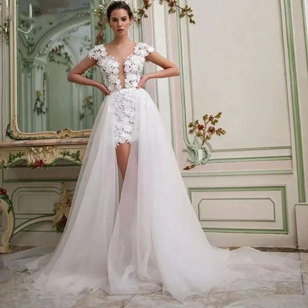 Modern Wedding Dresses 3D Flowers Lace Detachable Train Bridal Robes High Low Elegant Gowns For Brides Vestidos De Novia