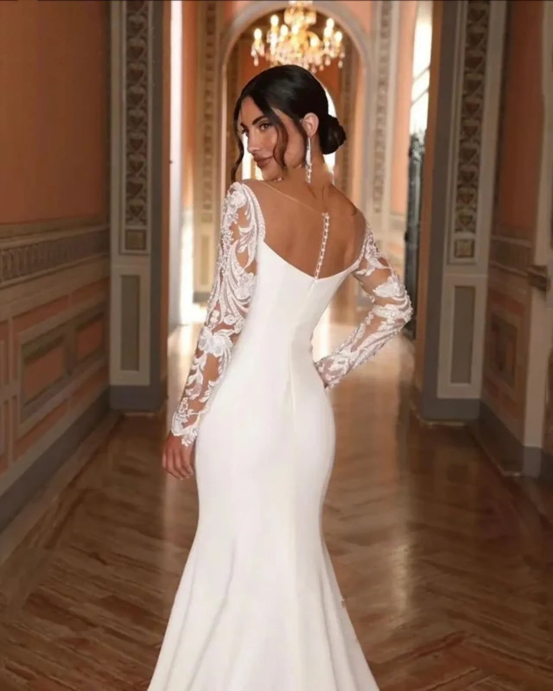 Lace appliques mermaid wedding dress sexy open back button bridal gown long sleeves