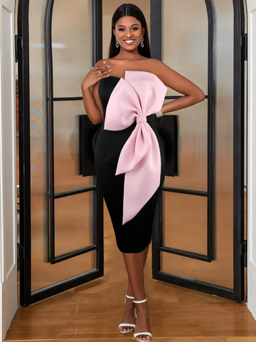 Party Formal Dresses Women Tube Top Black Pink Big Bow Patchwork Bodycon High Waist Slim Fit Evening Club Event Midi Gowns