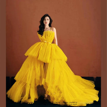 Yellow Tulle Strapless Fluffy Celebrity Dresses High-Low Sling Sleeveless Tiered Princess Luxury Formal Prom Evening Gowns