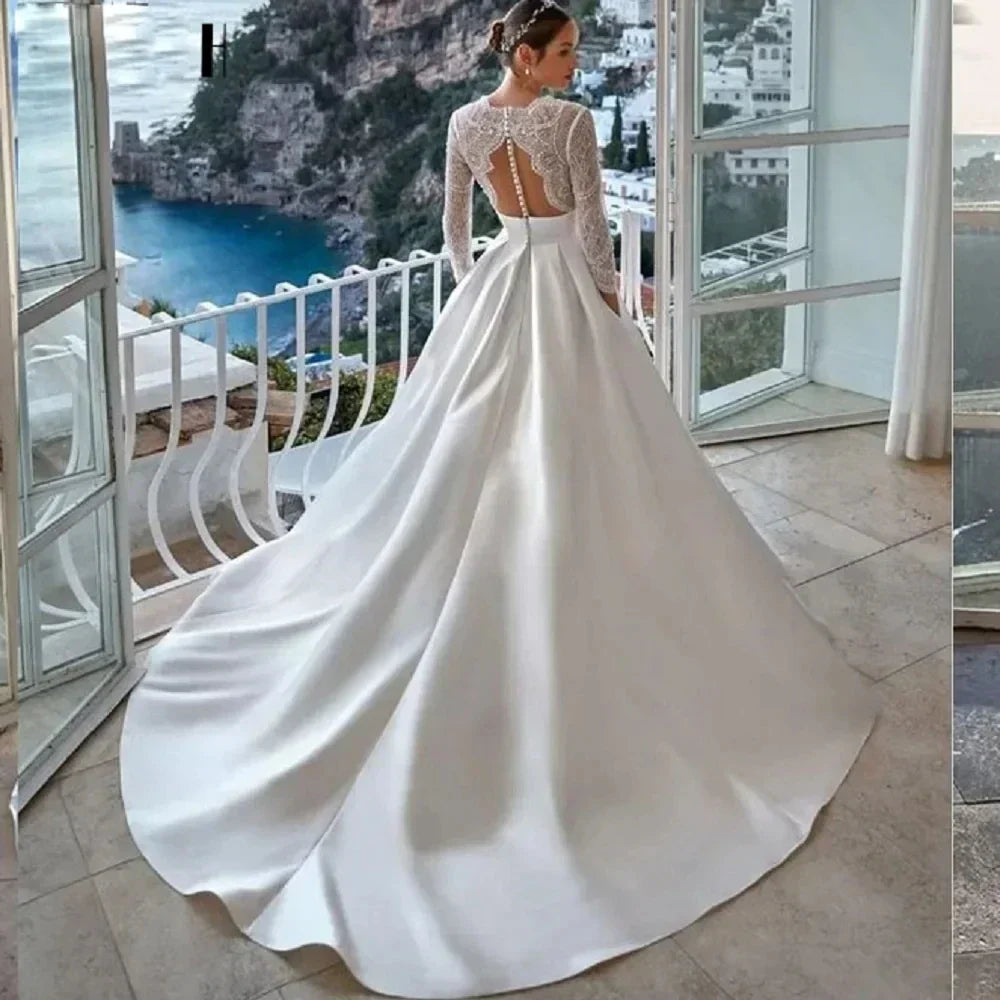 Luxury modern V-neck full sleeves illusion tulle A-line button backless wedding dress bridal gown