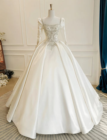 Customzied square collar long sleeve satin beaded wedding dress vestidos de novia amanda novias amanda novias official