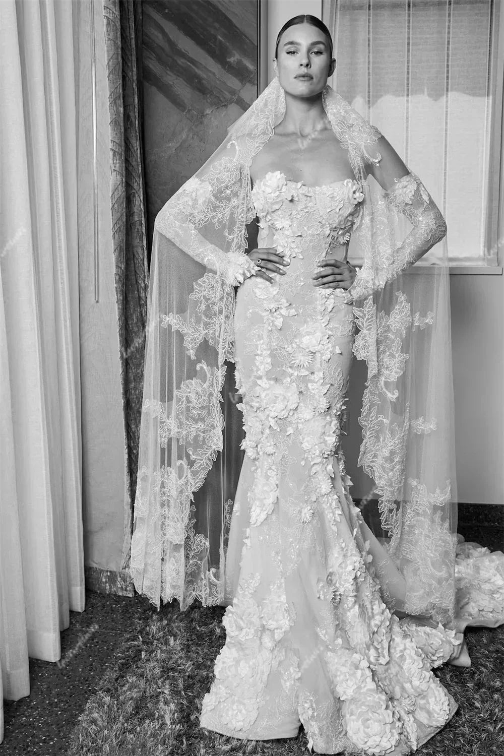 Modest Mermaid Lace Wedding Dresses Women Train Sweetheart Bride Dress Detachable Sleeve 3D Flowers Bridal Gown vestido de novia
