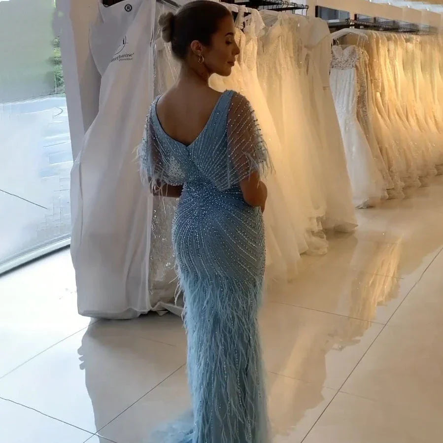 ToBeBridal Luxury Acutal Photos Elegant Fitted Evening Dress Luxurious Feathers Heavily Beaded Cap Sleeves Gowns TE9476