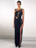 V-neck spaghetti strap mesh hollow bandage black sleeveless high split long bodycon party evening dress