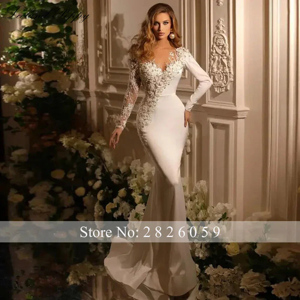 Full sleeves beaded 2-in-1 satin mermaid floor length detachable train wedding dress bridal gown ivory