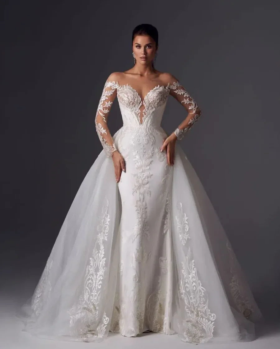 Customized  Elegant Lace Mermaid Wedding Dresses Detachable Train Long Sleeve Sweetheart Neck Bridal Gowns Robe De Mariee