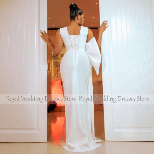 Sexy Wedding Dresses White V Neck Sleeveless Big Bow Mermaid Wedding Gown for Bride Beading High Slit Lace Up Luxury Bridal Gown