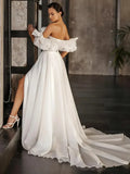High split A-line ruched satin boat neck formal party wedding dress bridal gown back view