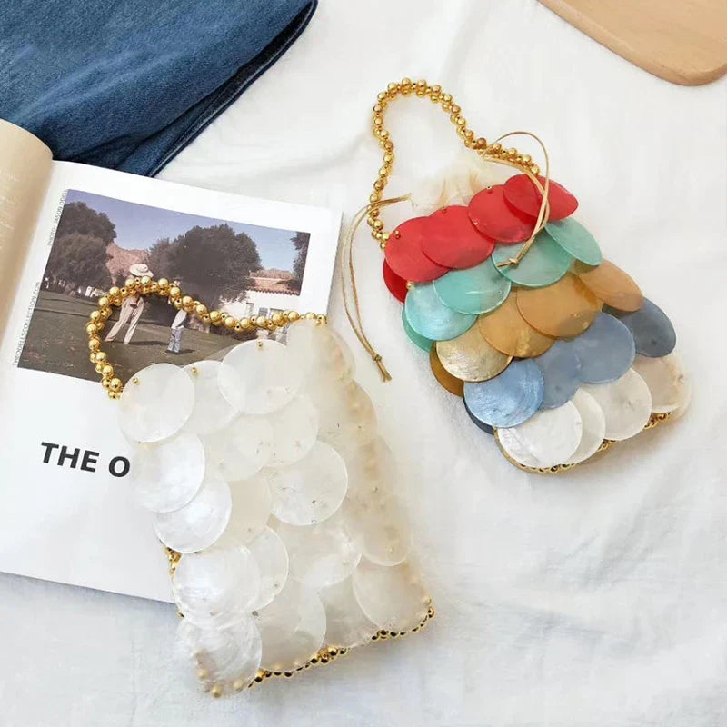 Clutch Woman Party Wedding Evening Shell Bag with Pearls Beaded Designer Luxury Handbag Straw Seashell Woven Sequin Elegant