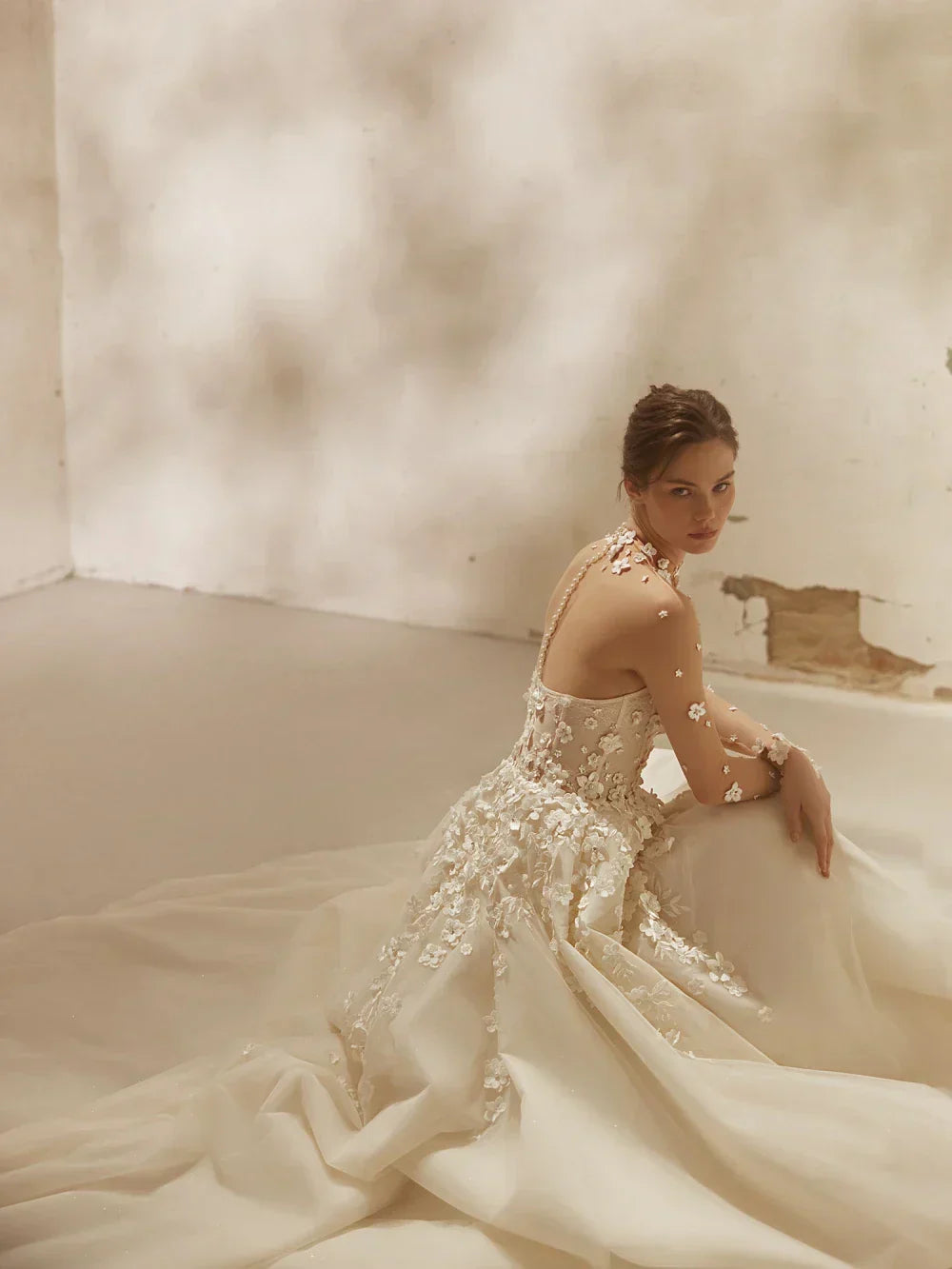 Illusion long sleeve classic appliques 3D flower romantic pearls A-line bridal gown front view