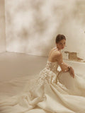 3D flower classic appliques pearls romantic long sleeve A-line illusion bridal gown side view