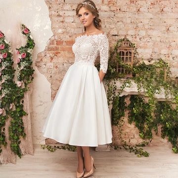 Elegant A-Line Short Wedding dress Sexy off-the-shoulder tulle applique one-seventh sleeve women's romantic wedding bridal dress