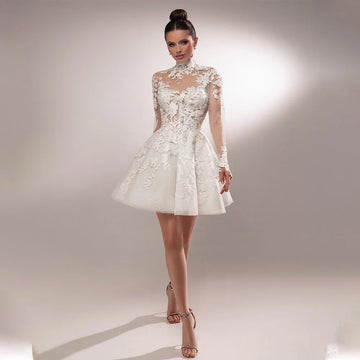 Popular High Neck Full Sleeves Lace Applique Short Wedding Dresses Custom Made 2025 Bridal Grown Rode De Morrie