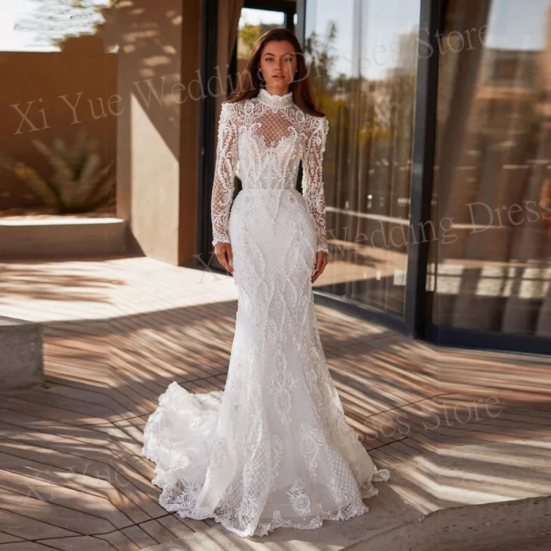 Exquisite Wedding Dresses A-Line Lace Appliques Back With Button Illusion Bride Gowns High Neck Long Sleeve Customized Mermaid