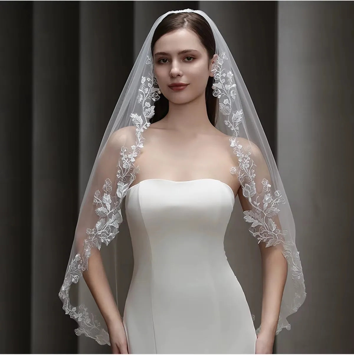 White Bridal Veil Leaf Lace Wedding Veils For - side view