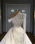 Satin pearls beads long sleeves detachable train luxury Dubai mermaid wedding dress bridal gown ivory