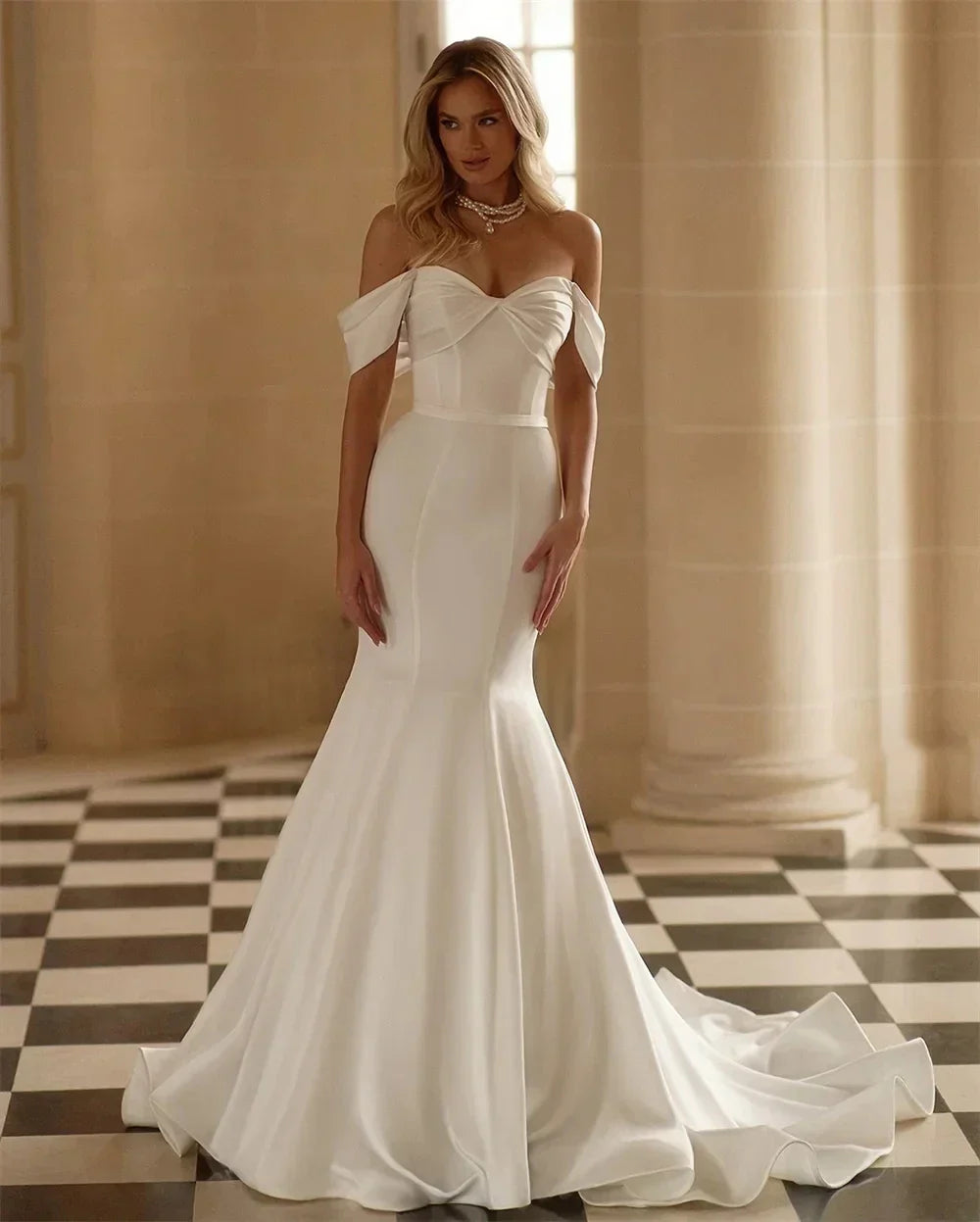 Elegant satin mermaid wedding dress detachable train simple off-shoulder sweetheart princess bridal gown