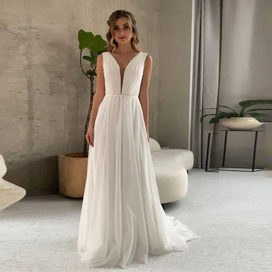 I OD Elegant A-Line Wedding Dress 2024 Sexy V-neck Sash With Sequins Backless Regular Straps Chiffon Bridal Gowns Robe De Mariee
