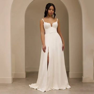Simple Spaghetti Straps Wedding Dresses V Neck Belt Sleeveless Bridal Gown Sexy Slit Brides Gown Vestidos De Novia Customized
