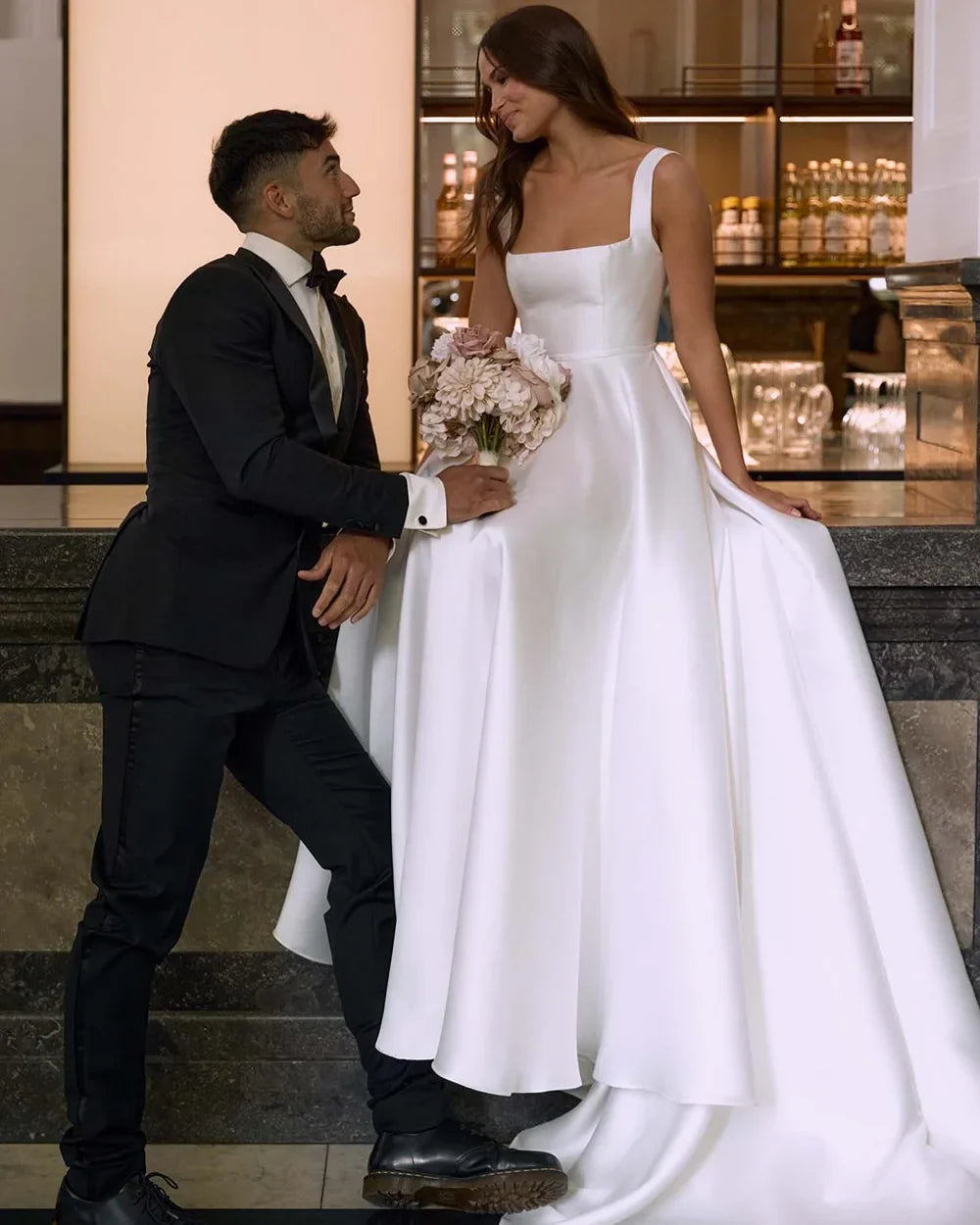 Satin Wedding Dresses For Bride Backless A-line Buttons Luxury Brides Gown Long Train Evening Bridal Dress Customized