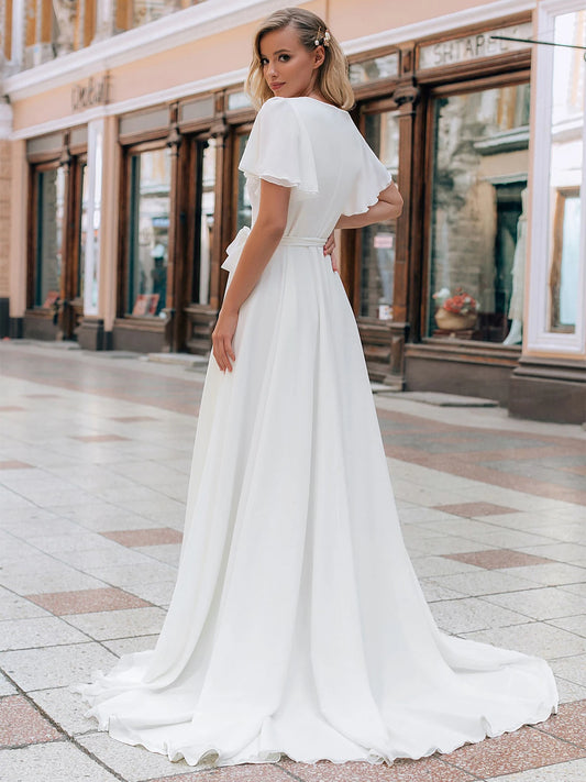 Customized Chiffon V-Neck Elegant Wedding Bridemaid Dress Plus Size Zipper Cap Flare Sleeves Plus Size Bridal Gowns with Sash