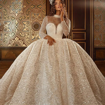 Plus Size Weeding Dress Sparkly Ball Gown Bride Robe Graceful High Neck Floor-length Bridal Dresses Vestidos De Novia