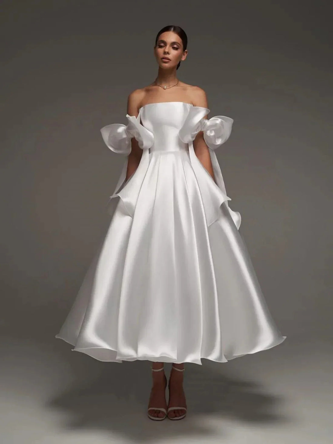 Off-shoulder princess A-line satin tea-length formal bridal party gown bride dress wedding