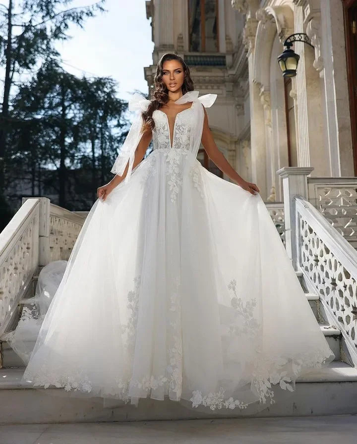 Princess A Line Wedding Dresses for Women Deep V Neck Tiered Tulle Lace Appliques Pleats Boho Bohemian Bridal Gown Customized