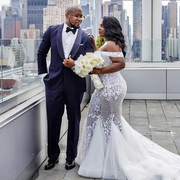 Customized Luxury Mermaid Plus Size Wedding Dresses Lace Floral Off Shoulder Full Length African Nigeria Beach Holiday Bridal